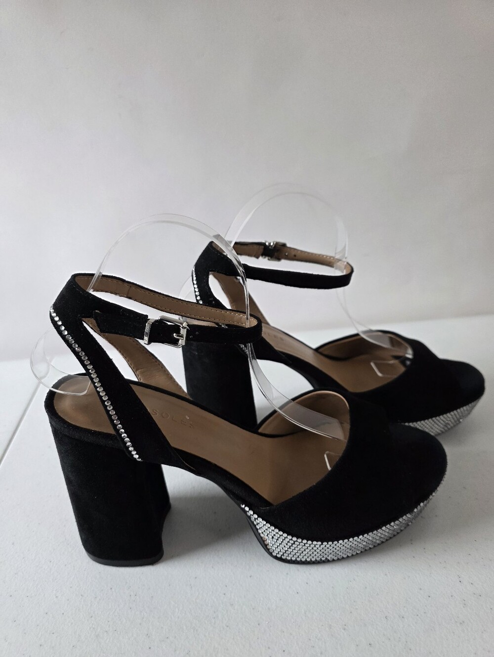 Black Suede Platform Pumps Size 8.5 Rhinestone Block Heel Ankle Strap Shoes Glam